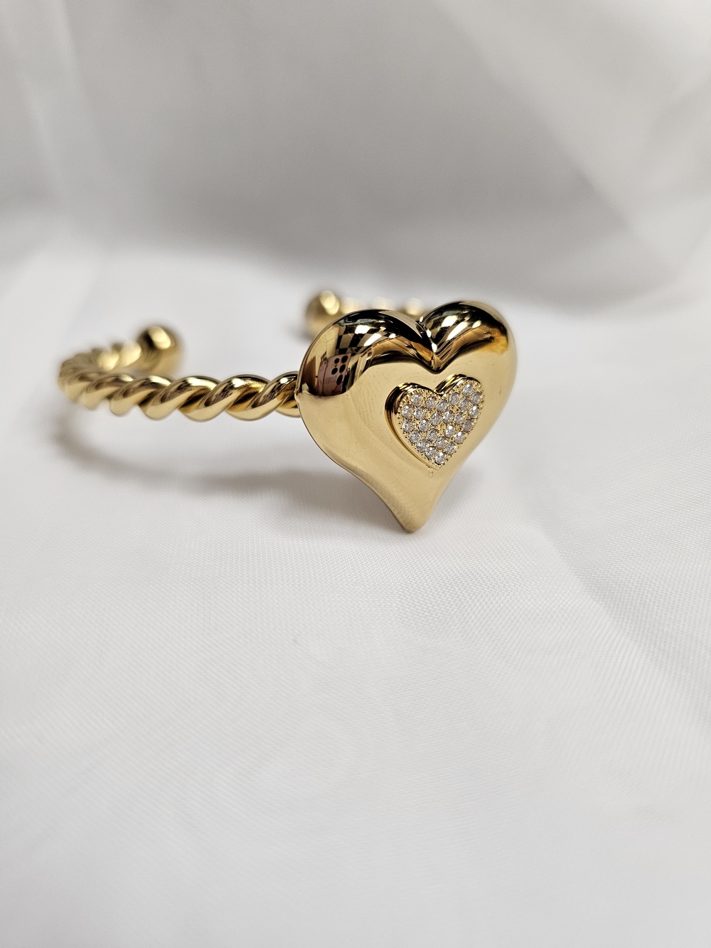 Gold Heart Cuff Bracelet with Pavé Heart Accent